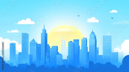Wallpaper Mural City Skyline Sunrise Illustration, tranquil urban landscape, calm morning Torontodigital.ca