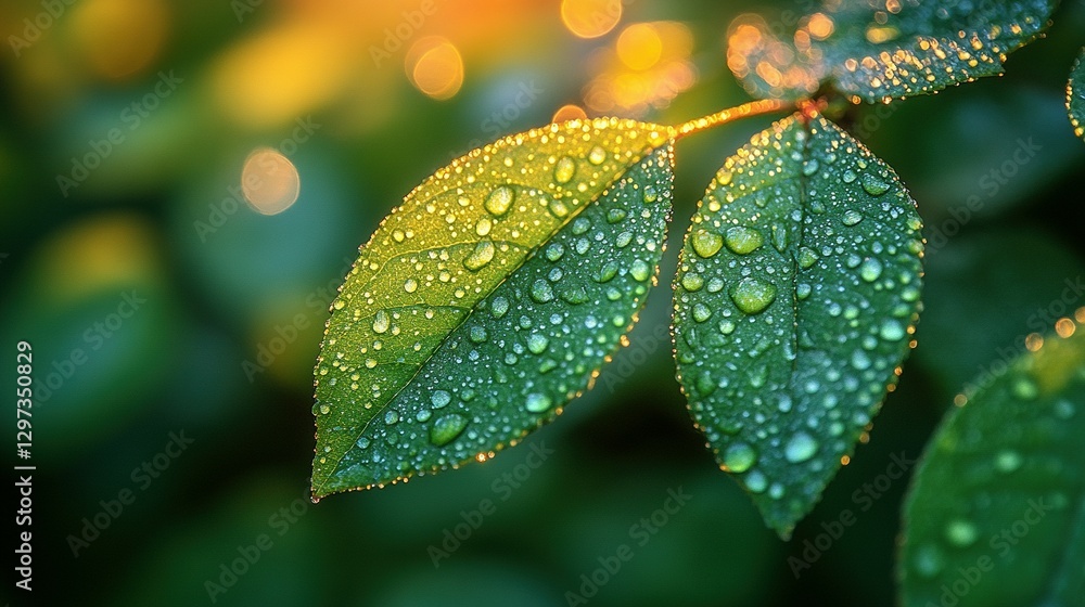 Two green leaves covered with water droplets and glowing light Two green leaves covered with water droplets and glowing light