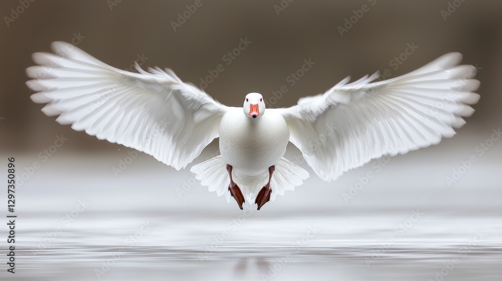 Fototapeta premium White goose landing on water, wings spread.