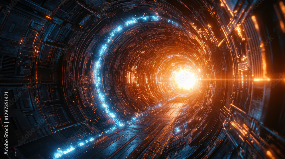 Fototapeta premium Sci-Fi tunnel, glowing light, futuristic corridor