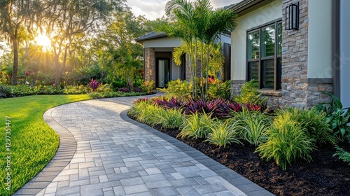 Elegant walkway leading to modern home at sunrise
