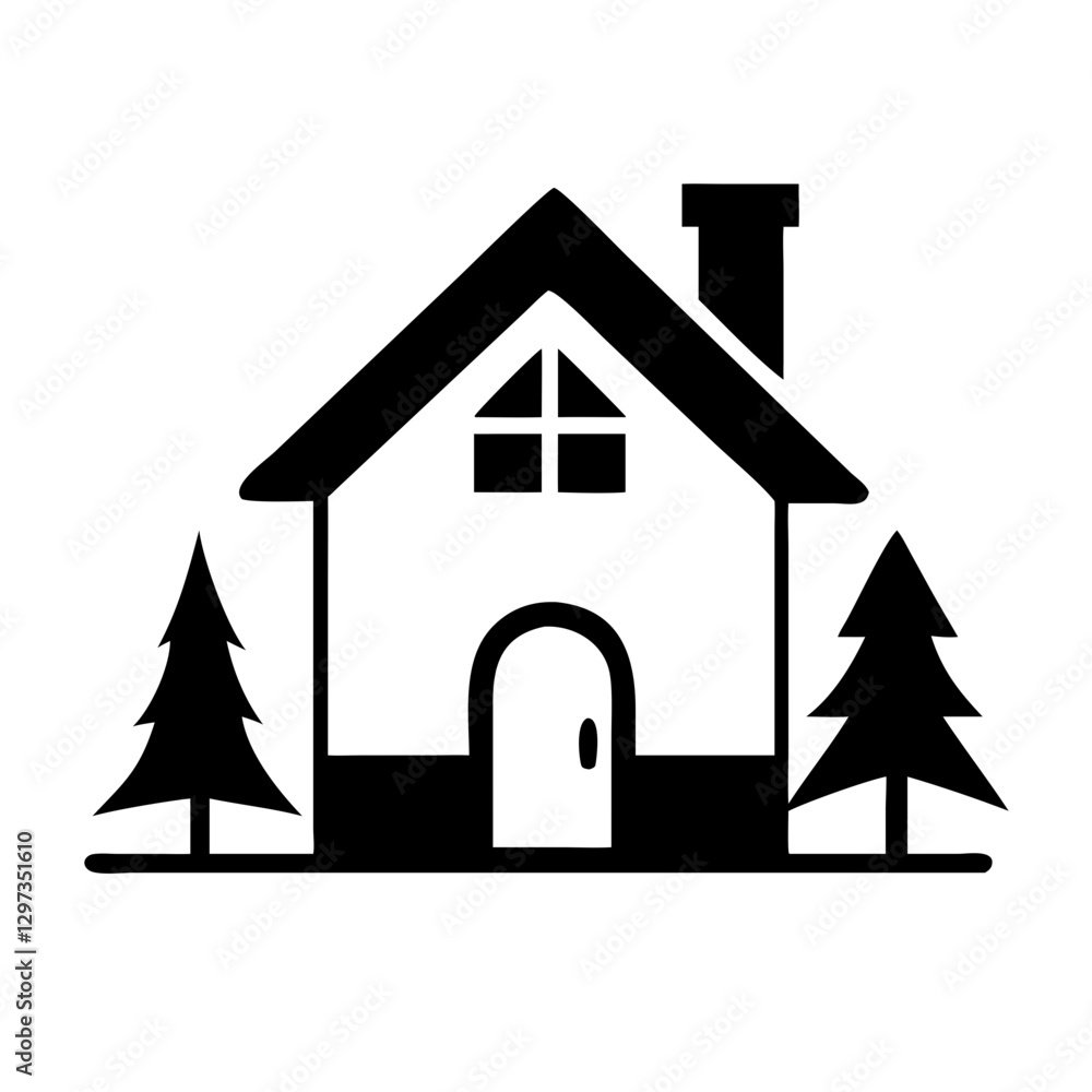 a minimalist black and white house icon with trees, the silhouette of a cozy home with a chimney and door. The icon symbolizes a simple, comfortable dwelling vector illustration a minimalist black and white house icon with trees, the silhouette of a cozy home with a chimney and door. The icon symbolizes a simple, comfortable dwelling vector illustration