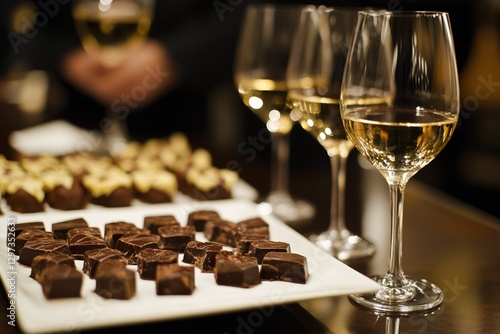 Delicious chocolate pralines and white wine glasses at elegant tasting event