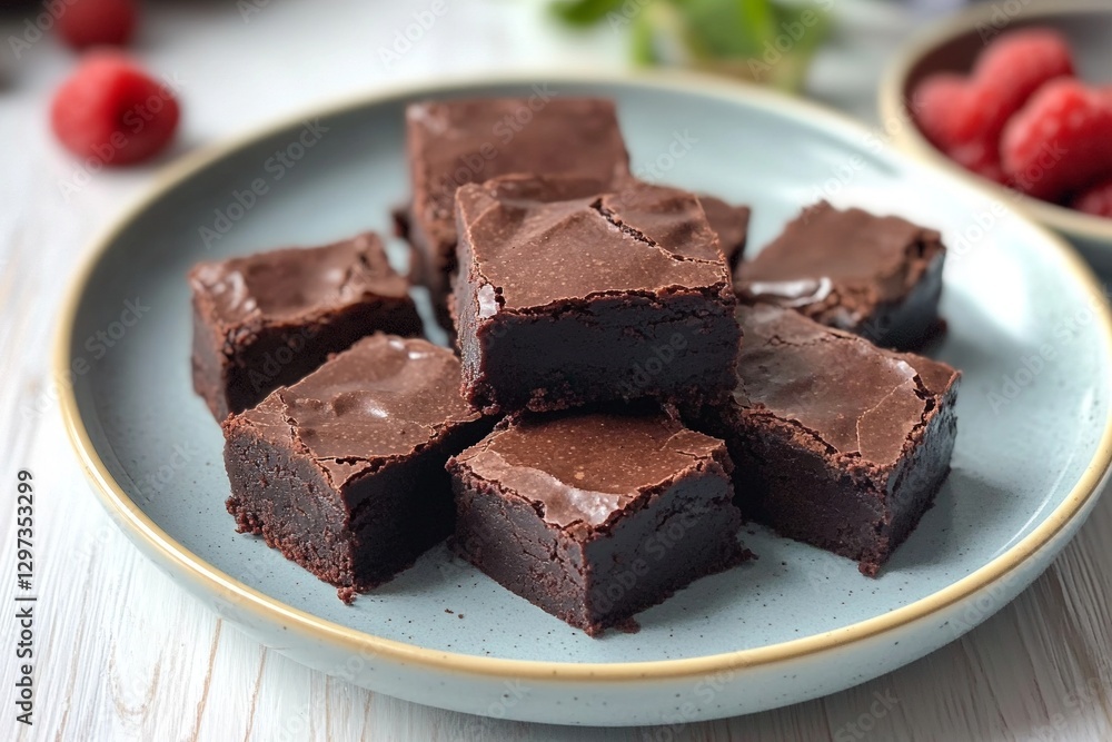 Rich fudgy chocolate brownies on a plate with fresh raspberries and mint garnish Rich fudgy chocolate brownies on a plate with fresh raspberries and mint garnish