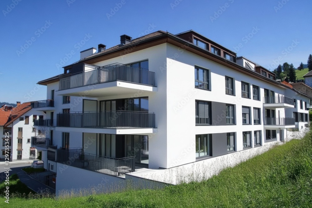 A modern apartment building with balconies, white walls, and black windows taken from the street side of one floor in front of an open balcony terrace Generative AI A modern apartment building with balconies, white walls, and black windows taken from the street side of one floor in front of an open balcony terrace Generative AI