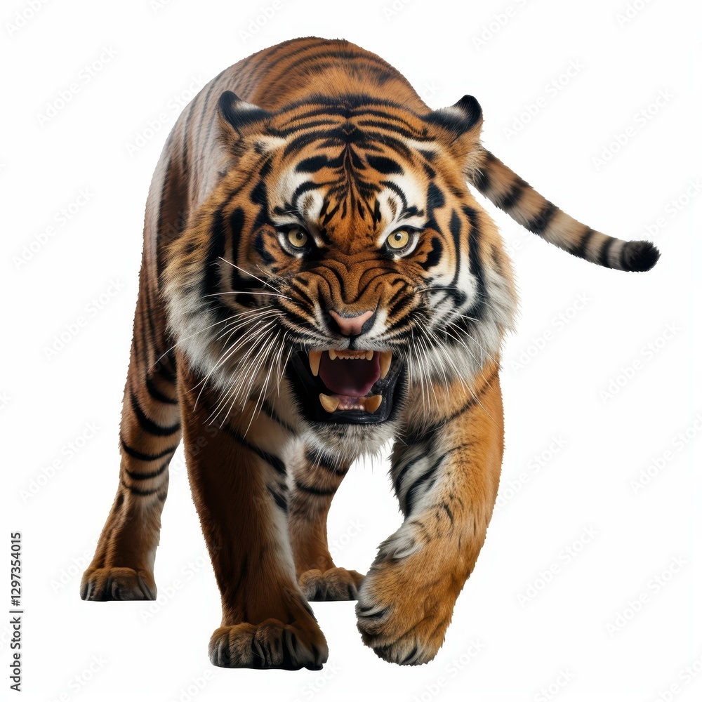 Fototapeta premium A fierce tiger, symbolizing courage and ferocity, is presented in a striking Di Cut, set against a clean white backdrop.