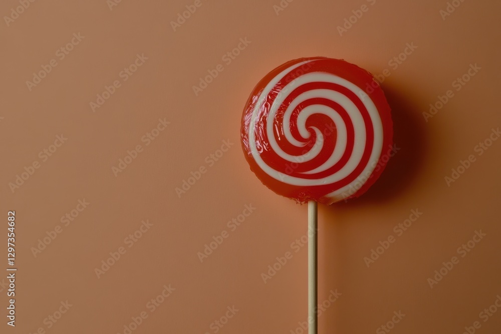 A red and white swirled lollipop with a wooden stick A red and white swirled lollipop with a wooden stick