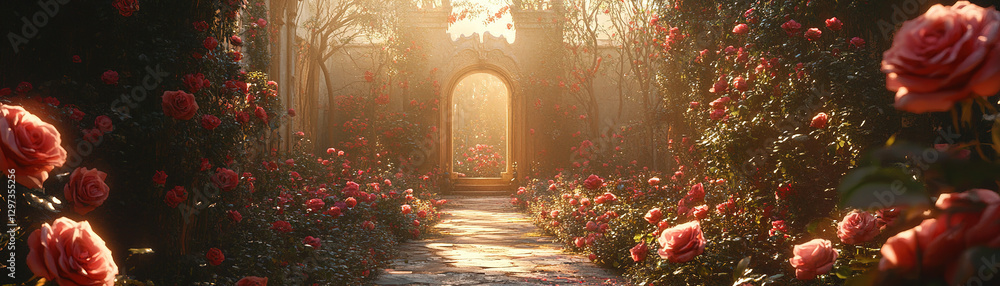 Obraz premium Enchanting garden pathway serene rose garden digital art morning light tranquil atmosphere nature's beauty