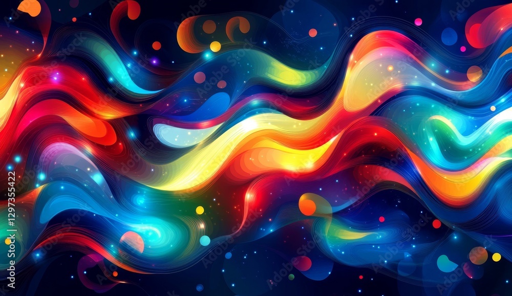 Colorful abstract waves flowing across dark background with sparkling dots Colorful abstract waves flowing across dark background with sparkling dots