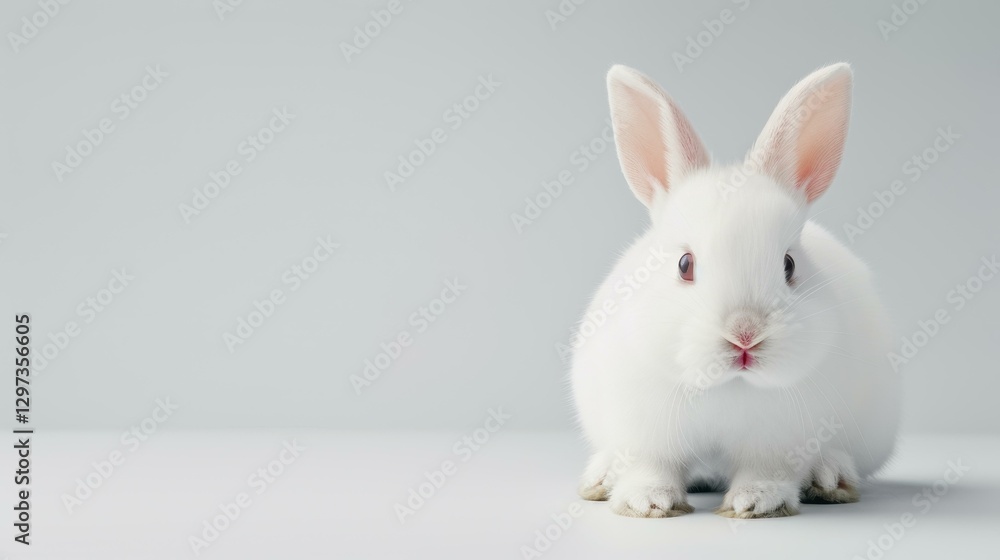 A cute white rabbit sits against a crisp white background, perfect for Easterthemed designs with ample copy space. A cute white rabbit sits against a crisp white background, perfect for Easterthemed designs with ample copy space.