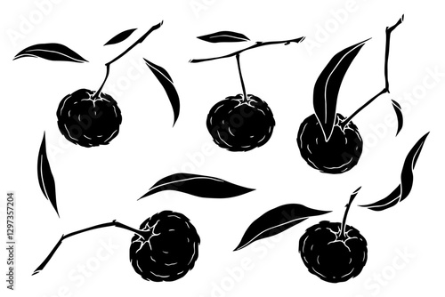 Set of silhouettes of citrus fruits of mandarin with leaves. Vector graphics.