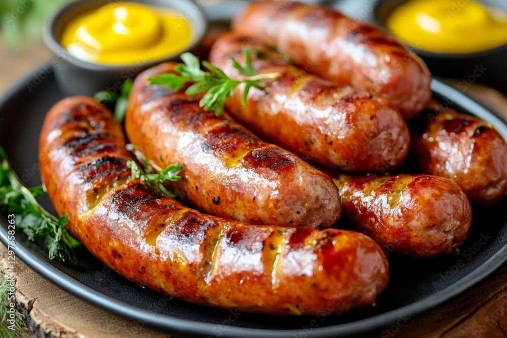Grilled sausages on plate with mustard and fresh herbs Grilled sausages on plate with mustard and fresh herbs