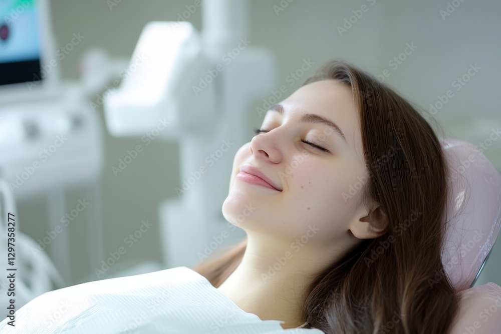 Young caucasian female relaxed at dentist office with closed eyes Young caucasian female relaxed at dentist office with closed eyes