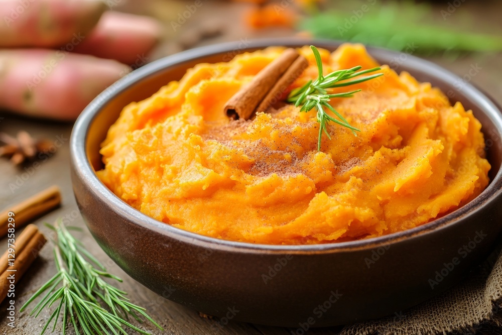 Delicious mashed sweet potatoes with cinnamon and rosemary garnish