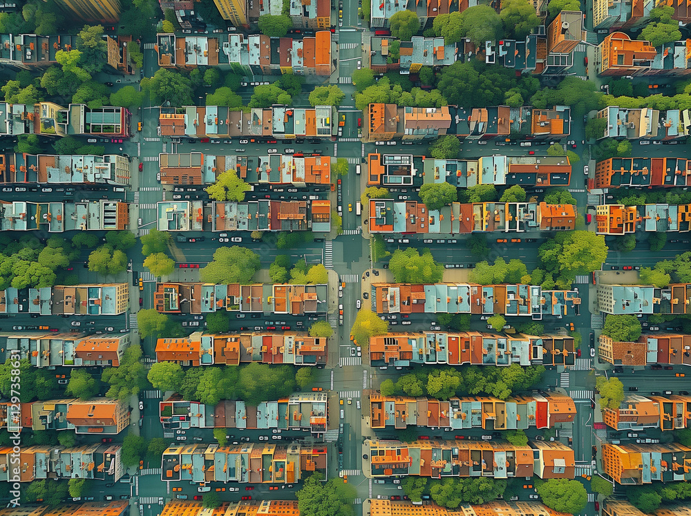 Fototapeta premium Aerial view of NYC's Harlem neighborhood with rows of buildings and tree-lined city blocks in photorealistic detail.