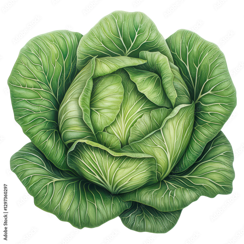 Obraz premium Fresh whole cabbage with tightly packed green leaves , isolated on transparent background