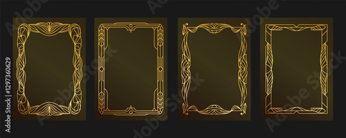 Engraved gold frame with linear pattern, line art. A4 frame template with golden ornament. Decorative border inlaid with gold, jewelry frame, label, divider, wedding, certificate. Isolated vector set.