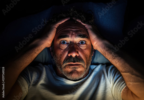 A man with a midlife crisis, suffers from insomnia and thoughts of failure in life, showing anxiety, fear and stress. The concept of midlife crisis.
