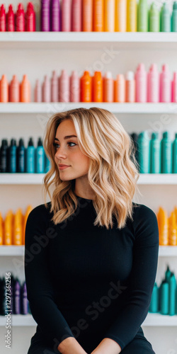 Wallpaper Mural A girl with highlighted hair at a counter with a variety of hair color palettes in the salon, creating an atmosphere of choice and style. Professional hair coloring concept Torontodigital.ca