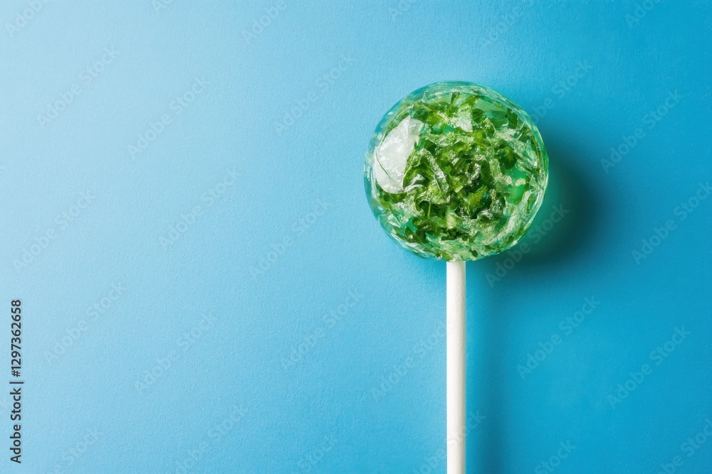 A green lollipop with a white stick rests on blue background A green lollipop with a white stick rests on blue background