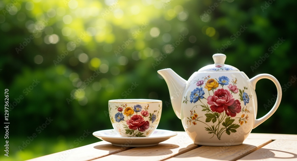 Fototapeta premium Floral teapot and cup set on wooden table in sunny garden setting evoking warmth and tranquility
