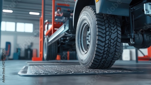 Truck on a lift at a truck service station. close-up of a car's undercarriage.