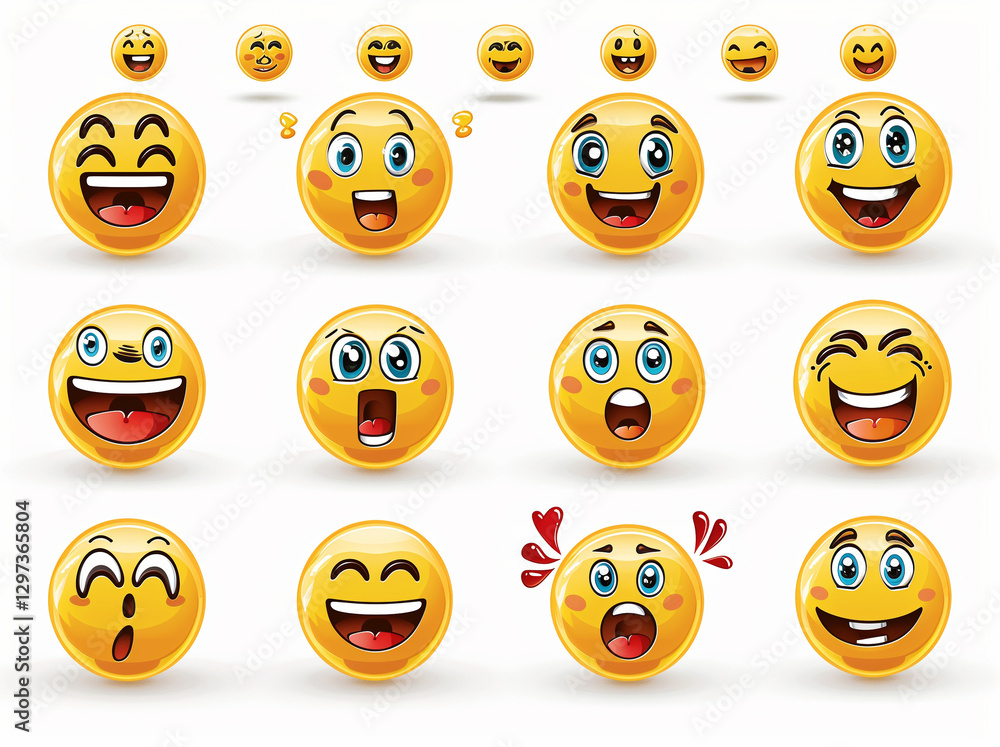 Fototapeta premium 30 emoji smiley faces showing various emotions and expressions against a white background