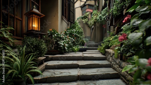 Serene garden pathway with stone steps, surrounded by lush greenery and blooming flowers