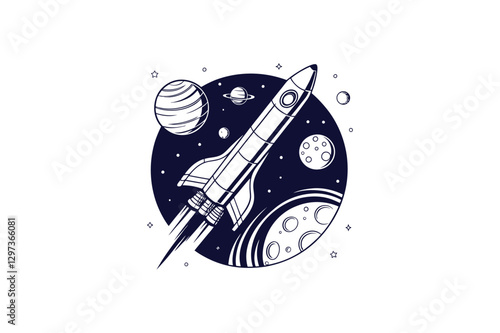 rocket with planet silhouette line art vector illustration