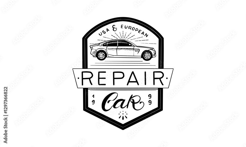Car mechanic or auto repair shop for your brand. hand drawn emblems for business in garage service. engraved traditional badge Car mechanic or auto repair shop for your brand. hand drawn emblems for business in garage service. engraved traditional badge