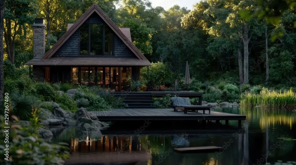 Tranquil lakeside cabin surrounded by lush greenery and serene water, ideal for relaxation Tranquil lakeside cabin surrounded by lush greenery and serene water, ideal for relaxation