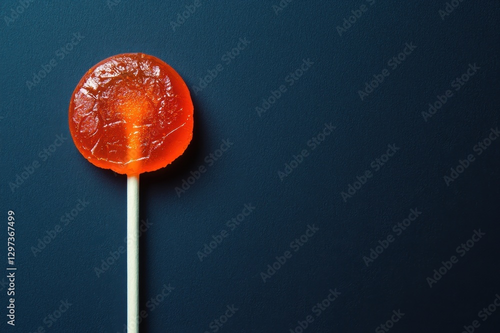 A Round Orange Lollipop Rests on a Dark Blue Background A Round Orange Lollipop Rests on a Dark Blue Background