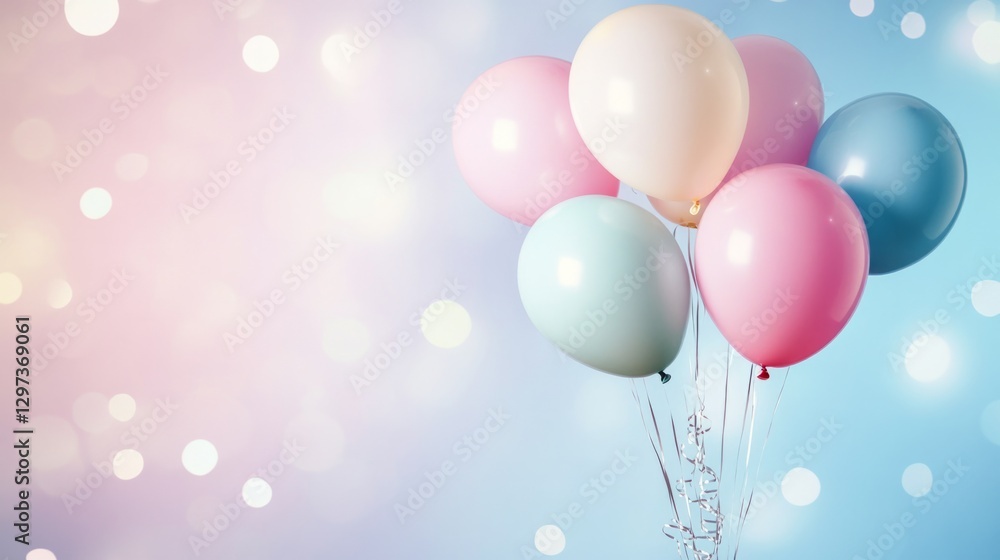 Pastel color background with floating balloons, soft lighting, generative ai Pastel color background with floating balloons, soft lighting, generative ai