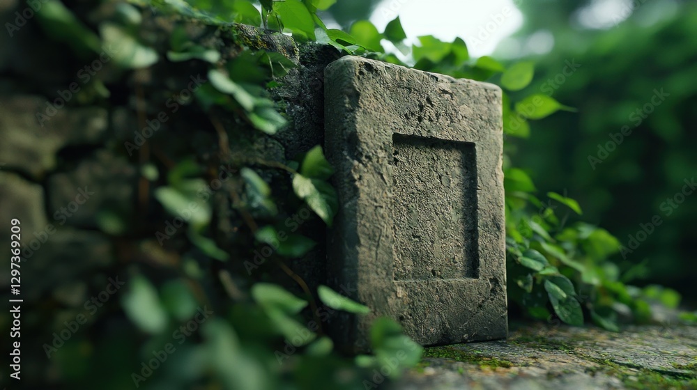 Weathered stone plaque surrounded by lush green ivy in a tranquil garden setting Weathered stone plaque surrounded by lush green ivy in a tranquil garden setting