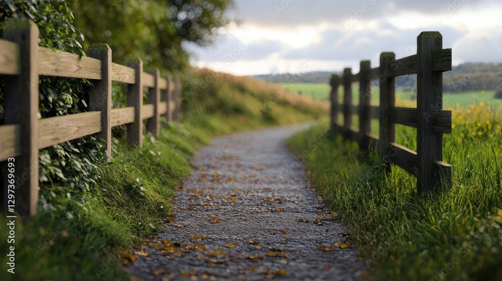 Serene pathway lined with wooden fences, surrounded by lush greenery and distant hills Serene pathway lined with wooden fences, surrounded by lush greenery and distant hills