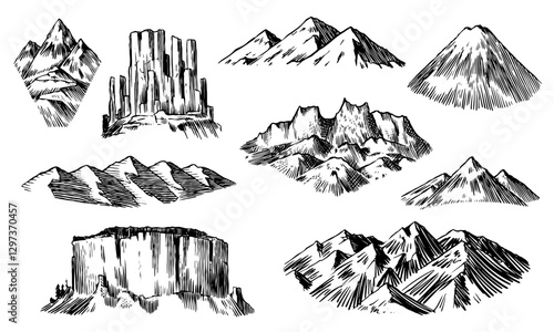 set of different mountain peaks and hills badges. hand drawn illustrations of snowy and rocky mountains from the world. for badges water bottles and other ecology usage