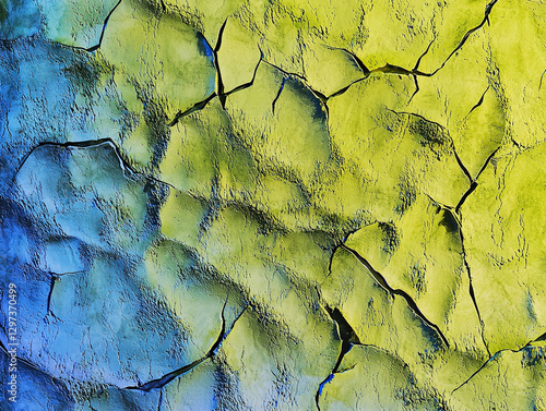 Close-up of a cracked paint surface with a blend of green and blue tones.