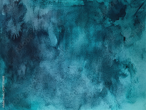 Abstract watercolor painting in shades of blue and green, creating a textured and dynamic visual.