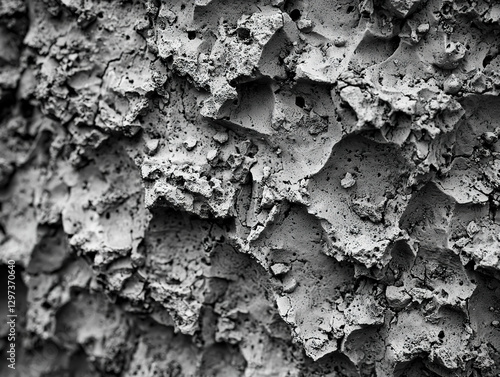 Close-up grayscale image of a rough, textured surface resembling stone or clay.