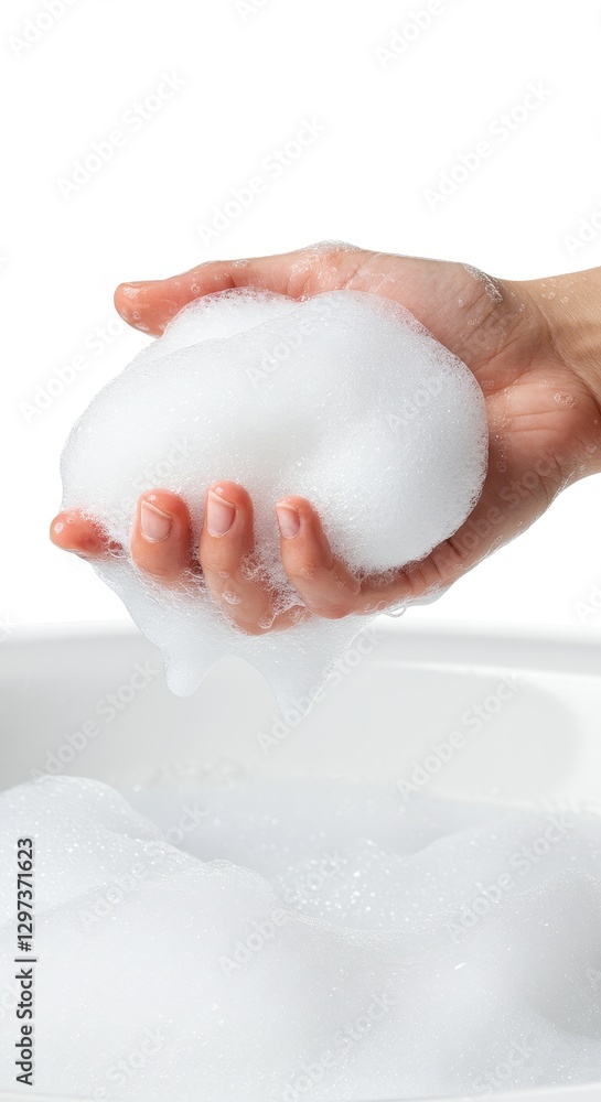 Fototapeta premium Luxurious Foam: A Handful of Creamy Lather in a White Basin