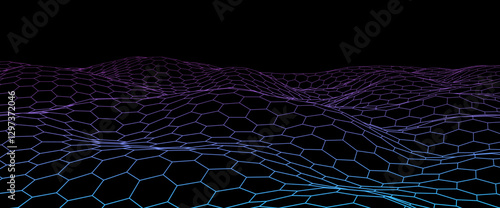 Abstract wavy background with honeycomb pattern. Technology design. Hexagon grid landscape. Vector illustration.