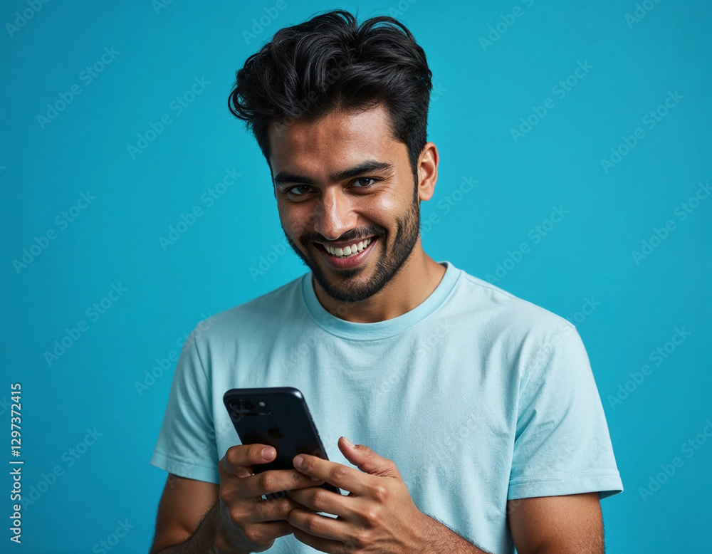 Smiling Man Using Smartphone Against a Solid Blue Background Smiling Man Using Smartphone Against a Solid Blue Background