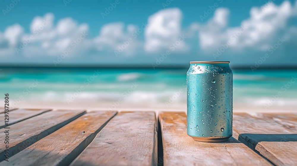 Naklejka premium Blue Soda Can on Beach Table / ビーチのテーブルに置かれた青いソーダ缶