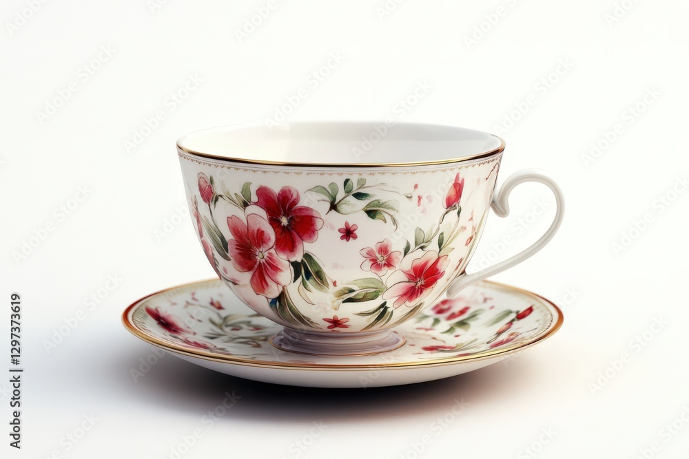 Elegant floral teacup and saucer set displayed on white Elegant floral teacup and saucer set displayed on white