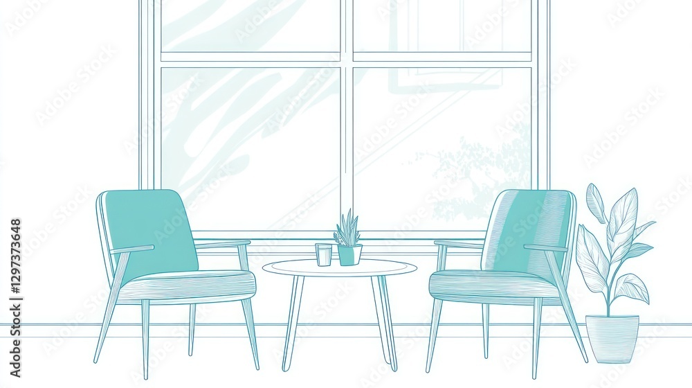 Fototapeta premium Interior sketch of a room with two chairs and a table by a window. Possible use stock illustration for design projects