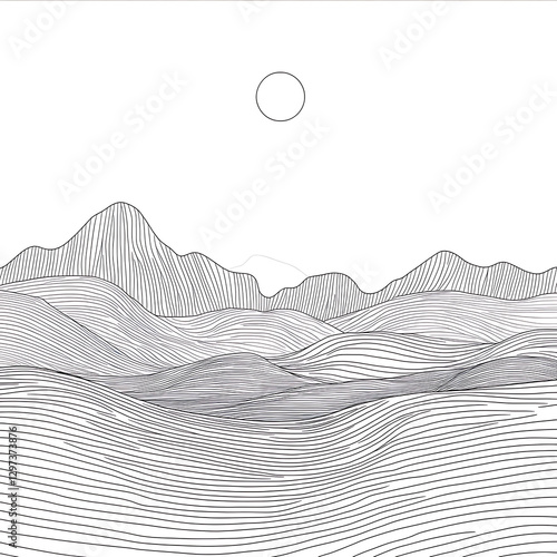 A mountain range with a sun in the sky