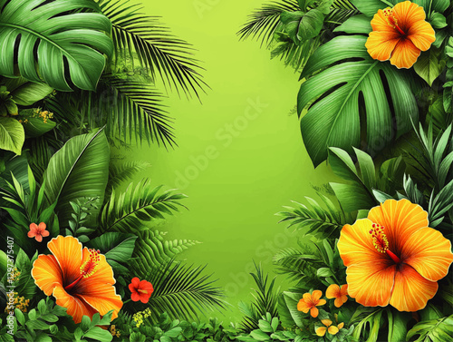 Vibrant Tropical Jungle Vector with Lush Green Leaves and Bright Orange Hibiscus on Green Background - Perfect for Nature Designs and Summery Graphics