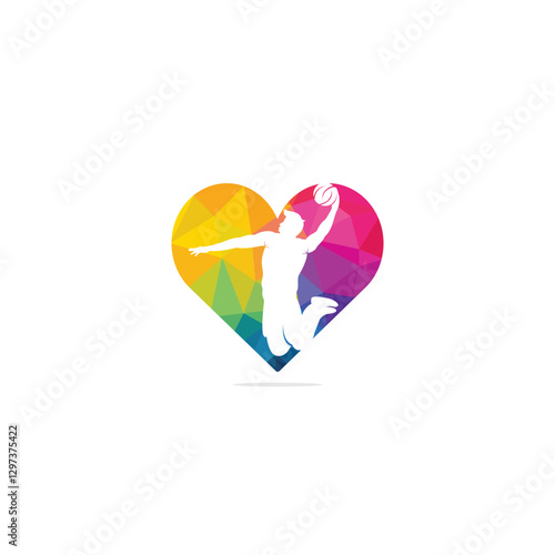 Basketball Sport heart shape vector logo design. Basketball player slam dunk design vector.