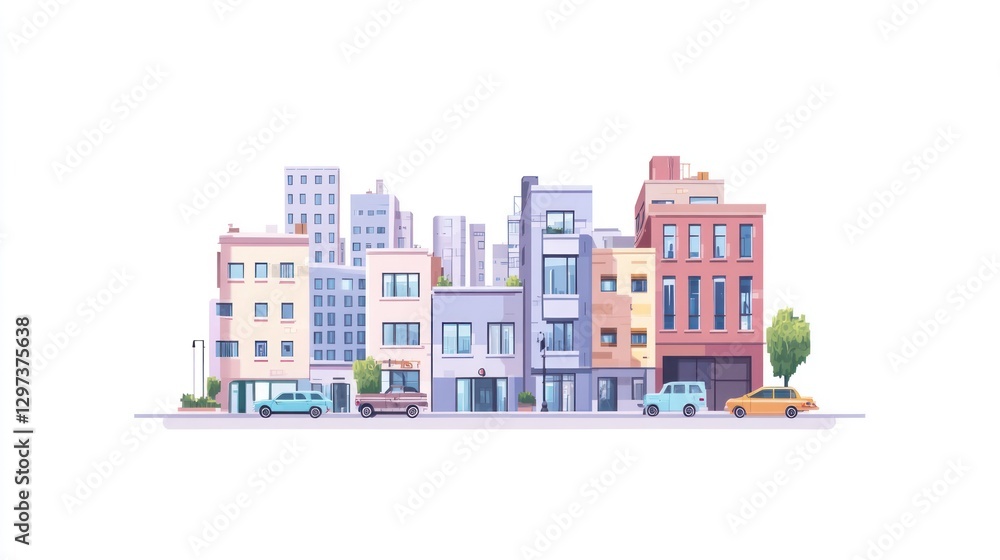 Obraz premium City Street Scene, Urban Buildings, Cars Parked, Calm Day; Stock Photo