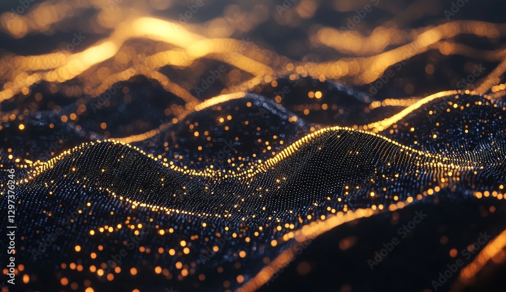 Golden data waves in dark abstract digital landscape Golden data waves in dark abstract digital landscape
